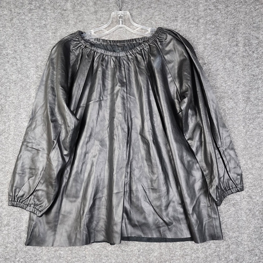 Dolce Cabo Faux Leather Blouse Womens Medium Black Gathered Neck Long Sleeve